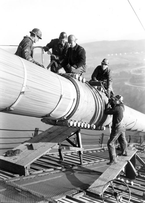 Workers on the main cable of the Golden Gate Bridge (photo: courtesy of the Golden Gate Bridge, Highway and Transportation District, www.goldengate.org)
