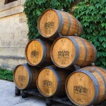 Wine barrels stacked outside of the Chateau Montelena in Calistoga. Photo: Charles Wollertz