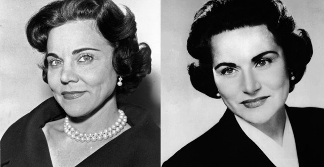 Left to right: Esther Pauline Friedman Lederer, better known as Ann Landers, newspaper advice columnist for the Examiner; her sister Pauline Esther Friedman Phillips, better known as Abagail VanBuren or Dear Abby, the advice colmnist for the Chronicle Photos: Easter Seals / wikimedia commons; library of congress / wikimedia commons