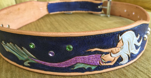 Hand tooled and dyed custom mermaid collar with crystals and metal domes by SalukiFeathers.