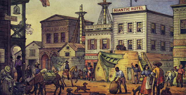 In 1850, San Franciscans built their houses and hotels from the hulls of the very ships that got them to the city. illustration: from the collection of the Oakland museum of california