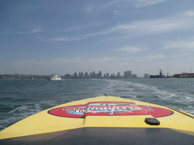 The San Diego skyline from the speedboat