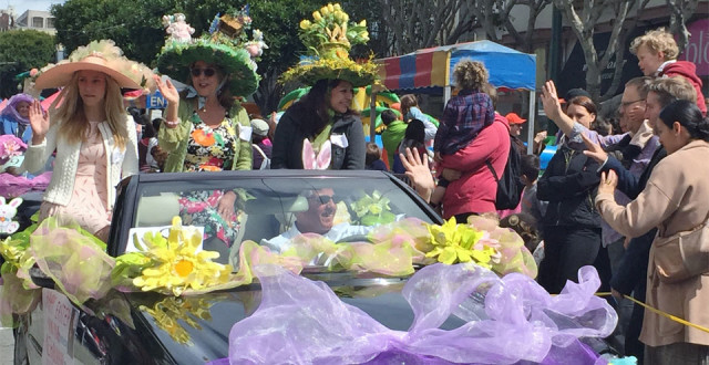 Silvana Messing and family in Easter bonnets created by Dennis Beckman in the 2015 parade.