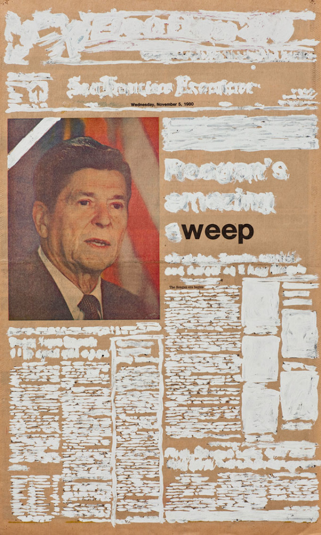 Randy Hussong, Untitled (Newspaper Series), 1980. White correction fluid on newsprint. Courtesy of the artist/Photo of image by Nagasawa.