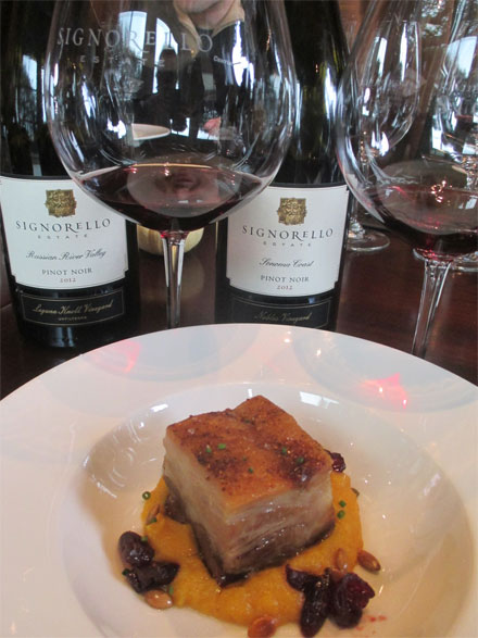 Signorello's silky Pinot is served with luscious pork belly. Photo: Bo Links