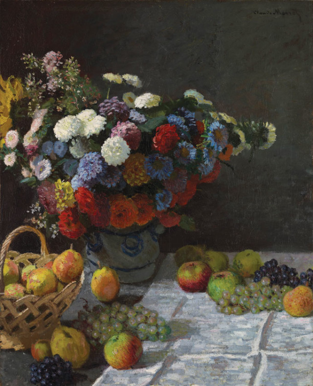 Claude Monet, Still Life with Flowers and Fruit, 1869. Oil on canvas, 100.3 x 81.3 cm (39 1/2 x 32 in.). courtesy: The J. Paul Getty Museum, Los Angeles