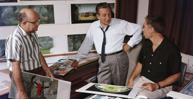 Layout artist McLaren Stewart, Walt Disney, and Eyvind Earle at The Walt Disney Studios during production for Sleeping Beauty, c. 1959 photo: Courtesy of Eyvind Earle Publishing, LLC