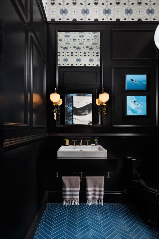 Moody Blues powder room (vestibule is shown in mirror reflection over the sink) by Benni Amadi Interiors and Courtney Springer Interiors; faucet by Kohler. Photo: Christopher Stark Photography