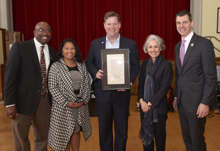 (L-R) SFUSD Superintendent Dr. Vincent D. Matthews, San Francisco Board of Education President Hydra Mendoza-McDonell, Mayor Mark Farrell, San Francisco Symphony President Sakurako Fisher, San Francisco Symphony Executive Director Mark Hanson pose with the Mayor’s Proclamation to make April 24, 2018 “Adventures in Music Day” in San Francisco. Photo: Stefan Cohen