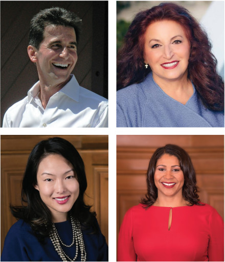 Clockwise from top left: Leading mayoral candidates include former State Senator Mark Leno, former Supervisor Angela Alioto, Board of Supervisors President London Breed, and Supervisor Jane Kim. Mark Leno Photo: BrokenSphere