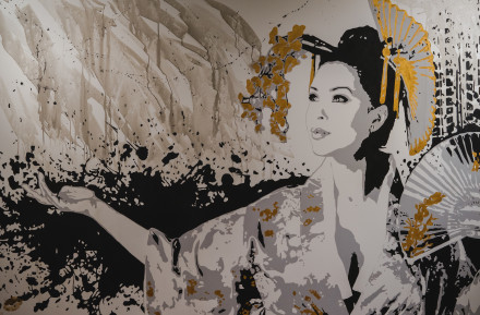 One of two street-art style canvas paintings picturing elegant Japanese women in traditional dress by artist Miss M. Image courtesy: Anthony Parks