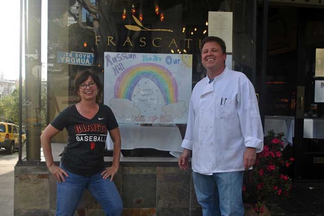 Rebecca and her partner, John, at Frascati on Hyde Street in Russian Hill feel lucky to have such supportive neighbors during the Covid-19 pandemic. “We’re very lucky to be located in such a great neighborhood, but we hope we don’t have to go on like this much longer,” says Rebecca.