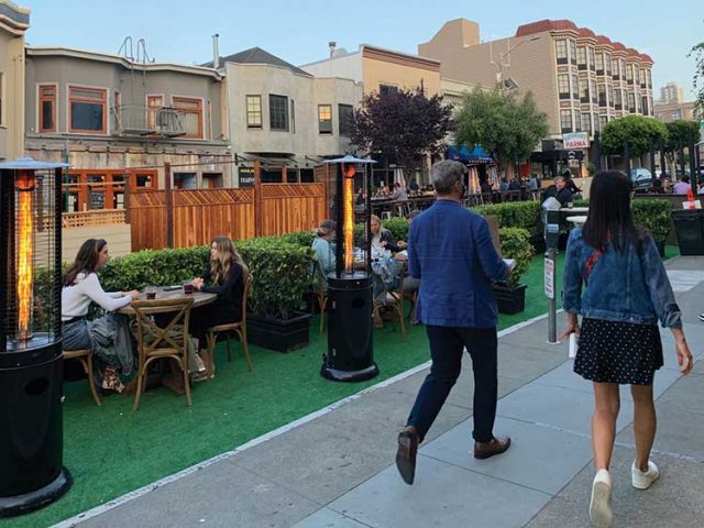 Restaurants have been creative with their new outdoor dining areas. 
Here is an example on Steiner Street. Photo: Naomi Rose 