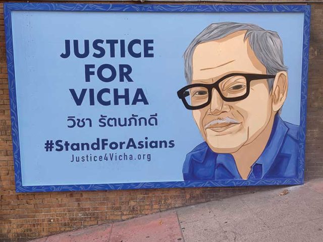 The “Justice for Vicha” mural by Thitiwat Phromratanapongse and Sarah Siskin in Chinatown. Photo: Anh Lê