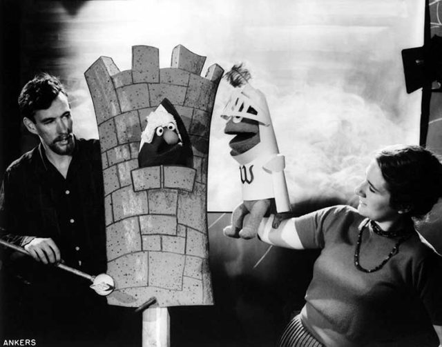 Left: Jim and Jane Henson on the set during the filming of a Wilkins Coffee commercial in 1960. Photo: Courtesy The Jim Henson Company / MoMI. Right: Richard Hunt, Jim Henson (center), and Frank Oz performing Ernie and Bert, on the set of Sesame Street. Photo: Courtesy Sesame Workshop/MoMI