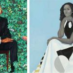 Left to Right: Detail of Barack Obama by Kehinde Wile; Detail of Michelle LaVaughn Robinson Obama by Amy Sherald. Photo: Courtesy Smithsonian's National Portrait Gallery