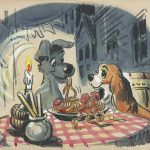 Disney studio artist, concept art, Tramp and Lady in Lady and the Tramp (1955), reproduction of original. PHOTO: Courtesy of the Walt Disney Animation Research Library, © Disney.